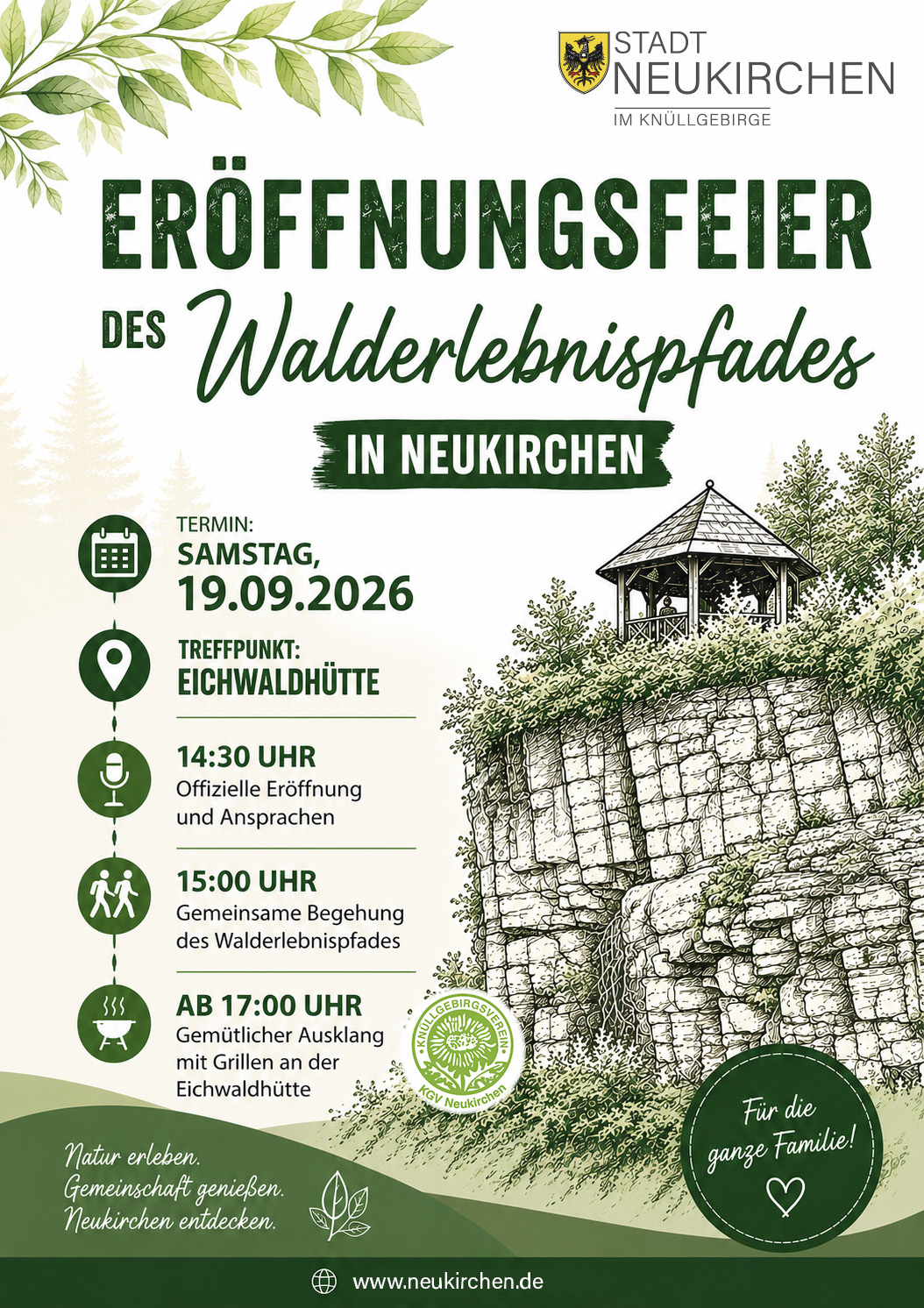 Plakat zur Eröffnung des Walderlebnispfades in Neukirchen am 19. September 2026 an der Eichwaldhütte.
