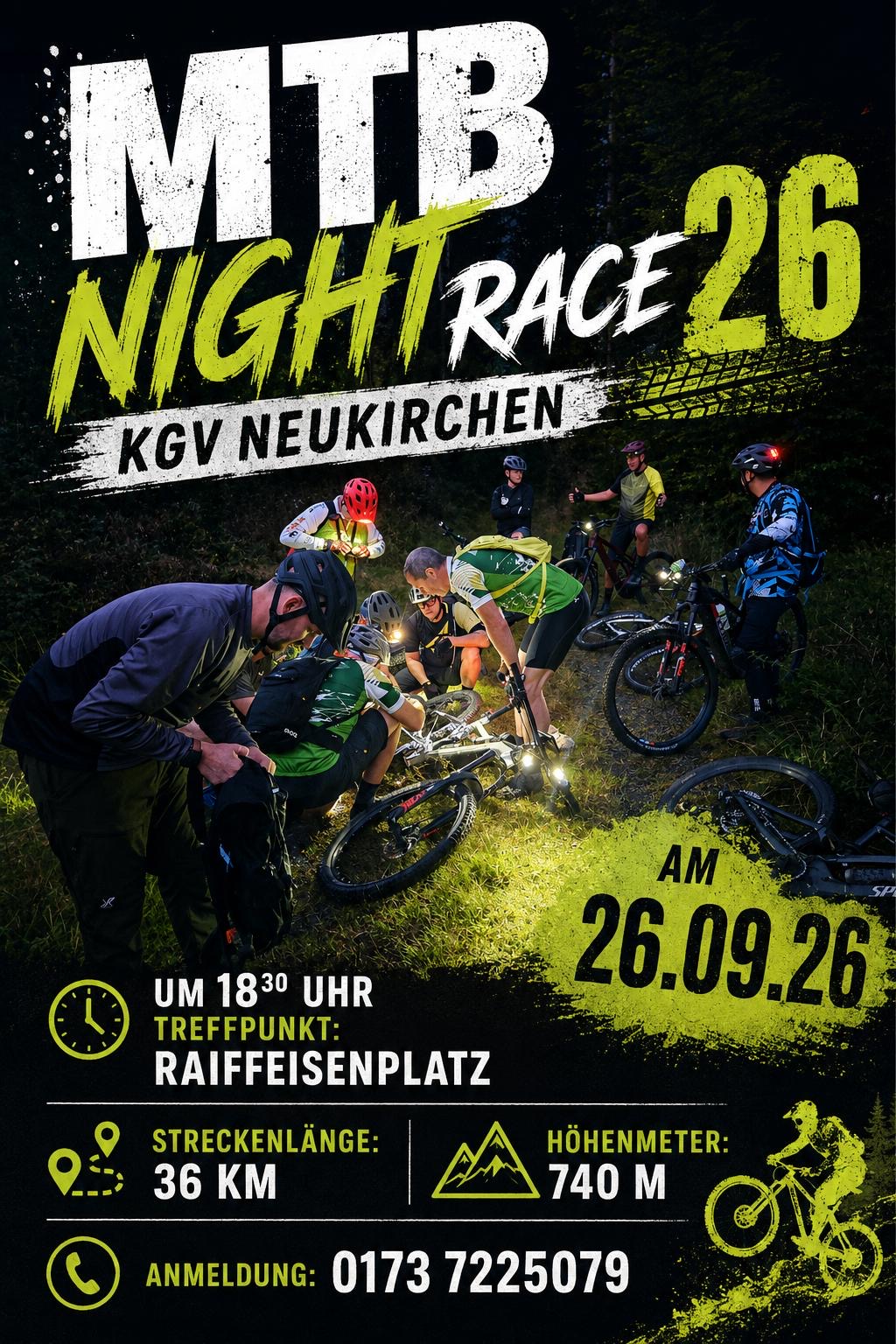 Plakat zum MTB Night Race des KGV Neukirchen am 26. September 2026 mit Mountainbikern bei einer nächtlichen Tour.